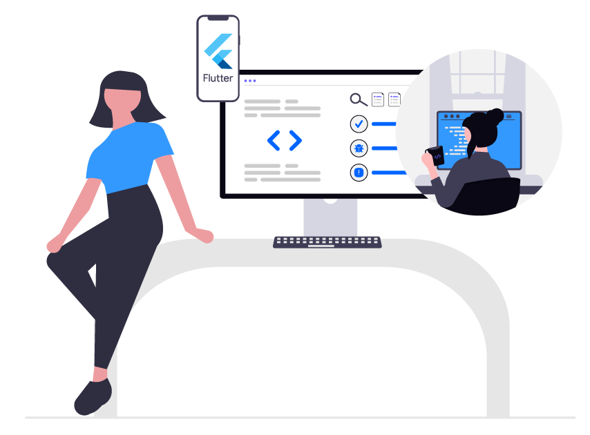 Illustration of software developers working on mobile and desktop app code at a large desk