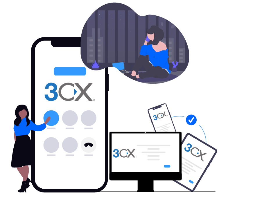 Illustration showing 3CX VoIP system across mobile, desktop, and web — representing modern business communication solutions by MC Technologies.