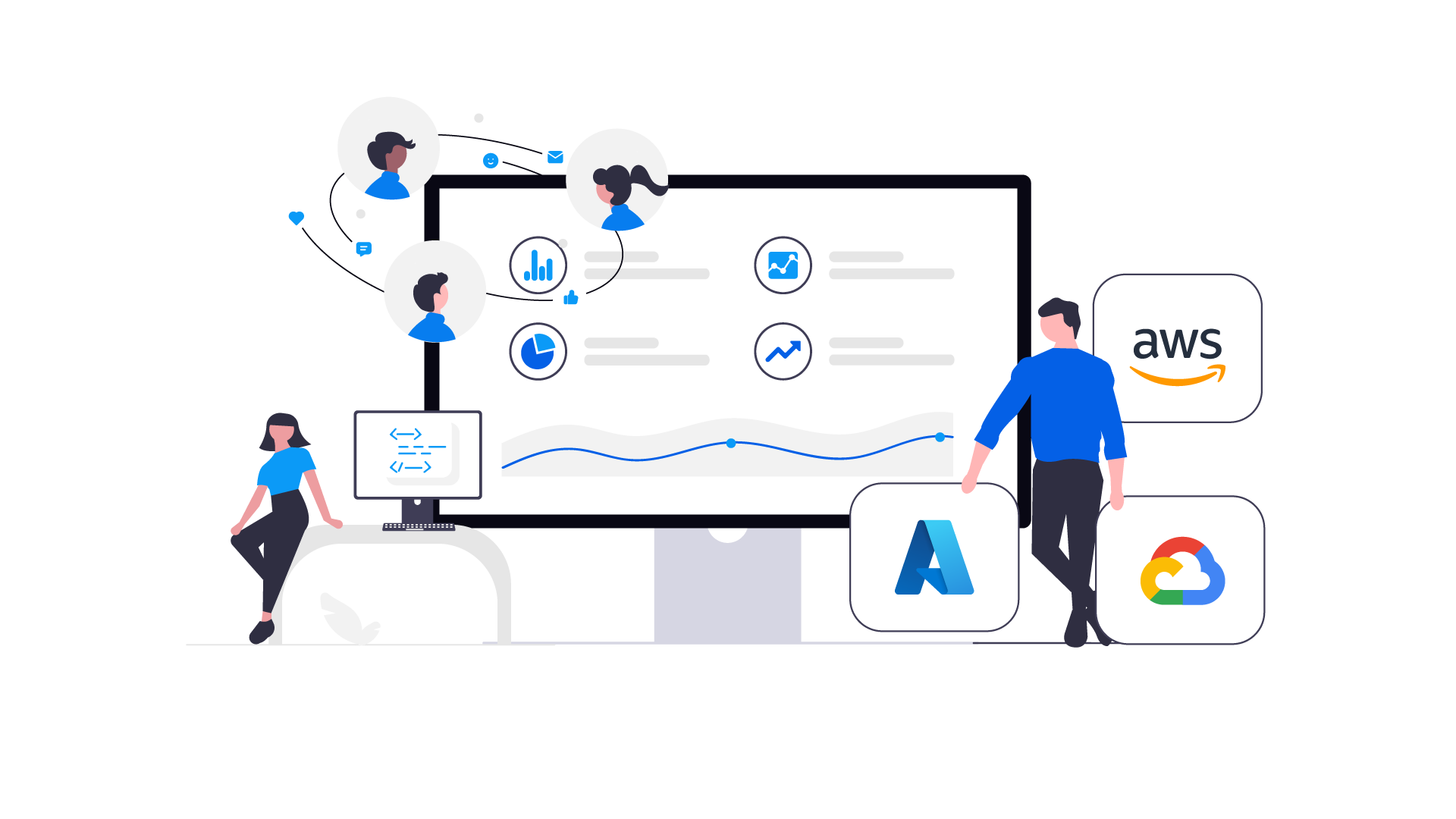 Illustration of business professionals using cloud and ERP technology with AWS, Azure, and Google Cloud icons – representing MC Technologies’ integrated IT and software solutions.