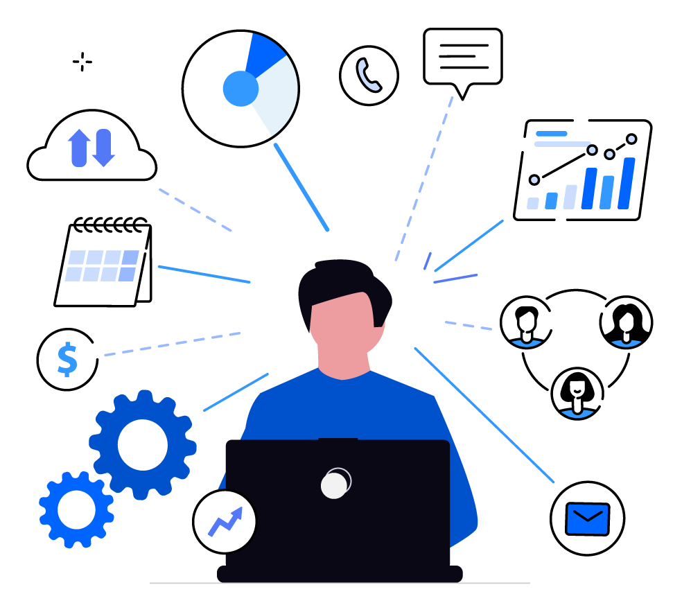 Illustration of a business professional using Tecfinity ERP Software to manage stock, sales, and finance in a unified platform.