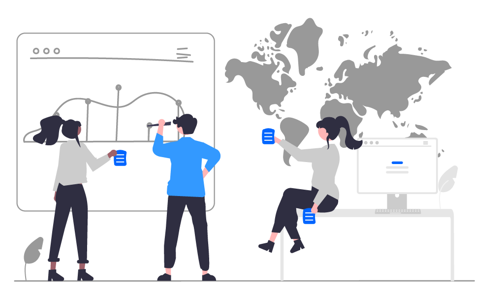 Business professionals collaborating on digital strategy with cloud, data, and ERP icons representing MC Tech's technology consulting services.