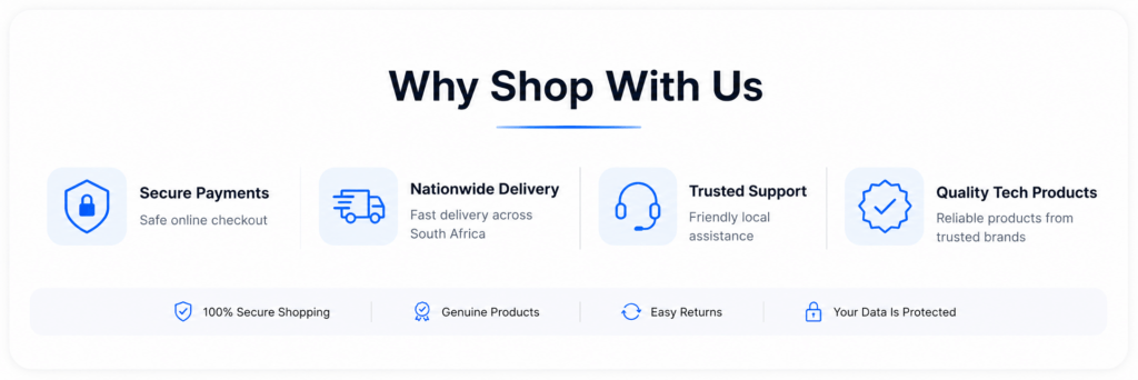 Why Shop With Us section showing secure payments, nationwide delivery, trusted support, and quality tech products