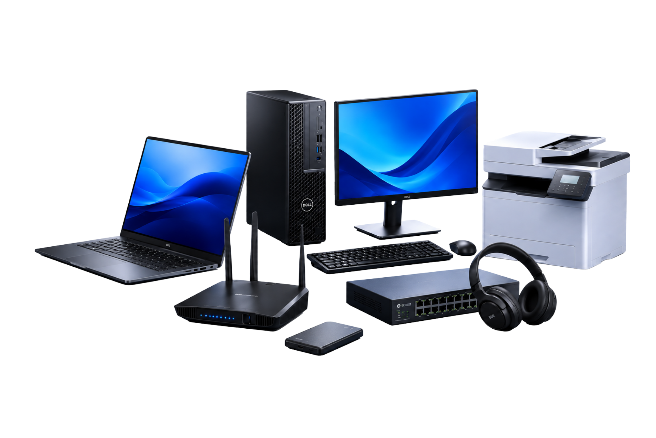 Office computer setup with laptop, desktop, monitor, printer, router, switch, external drive, keyboard, mouse, and headphones